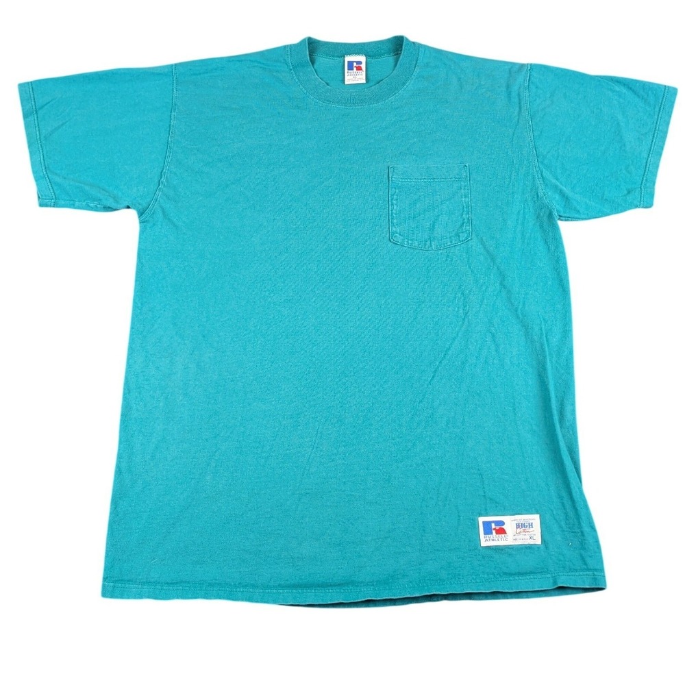 Russell Athletic High Cotton Pocket T-Shirt Mens XL TealBlue Made in USA Vintage